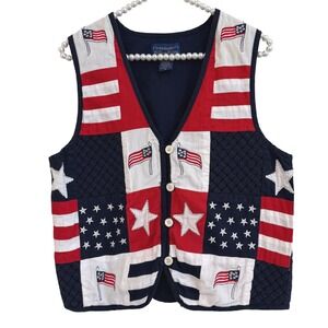 Willow Ridge Vtg Patriotic Americana Flag Patchwork Vest Cotton Red Blue M